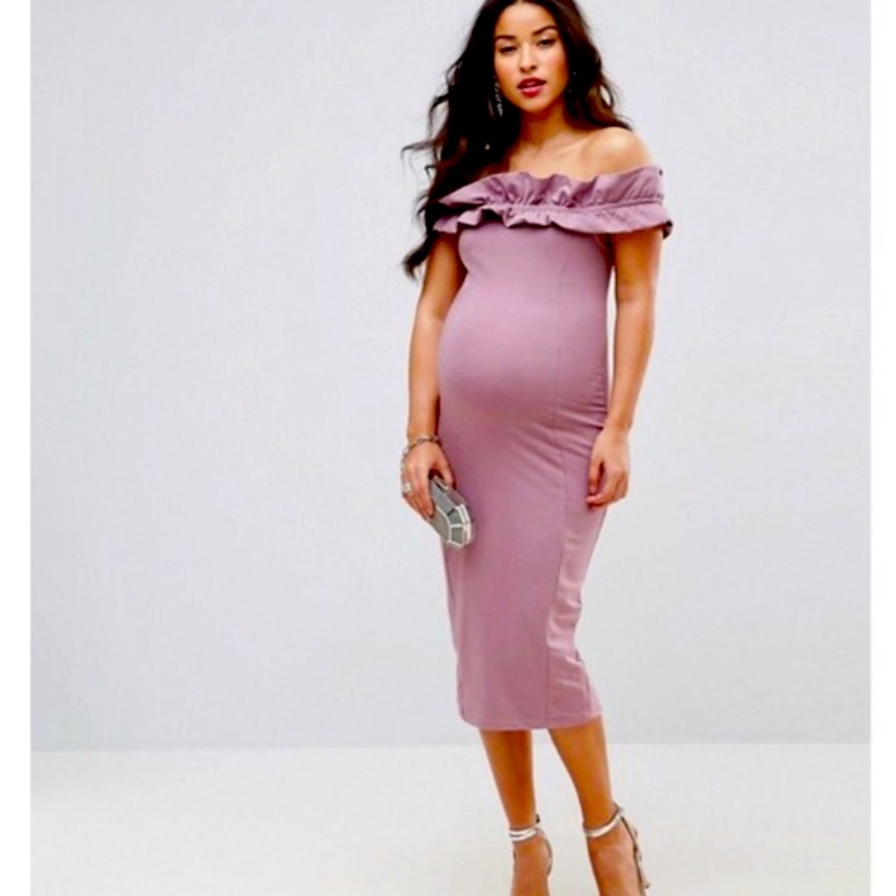 ASOS Maternity Mauve Off-Shoulder Ruffle Midi Dress